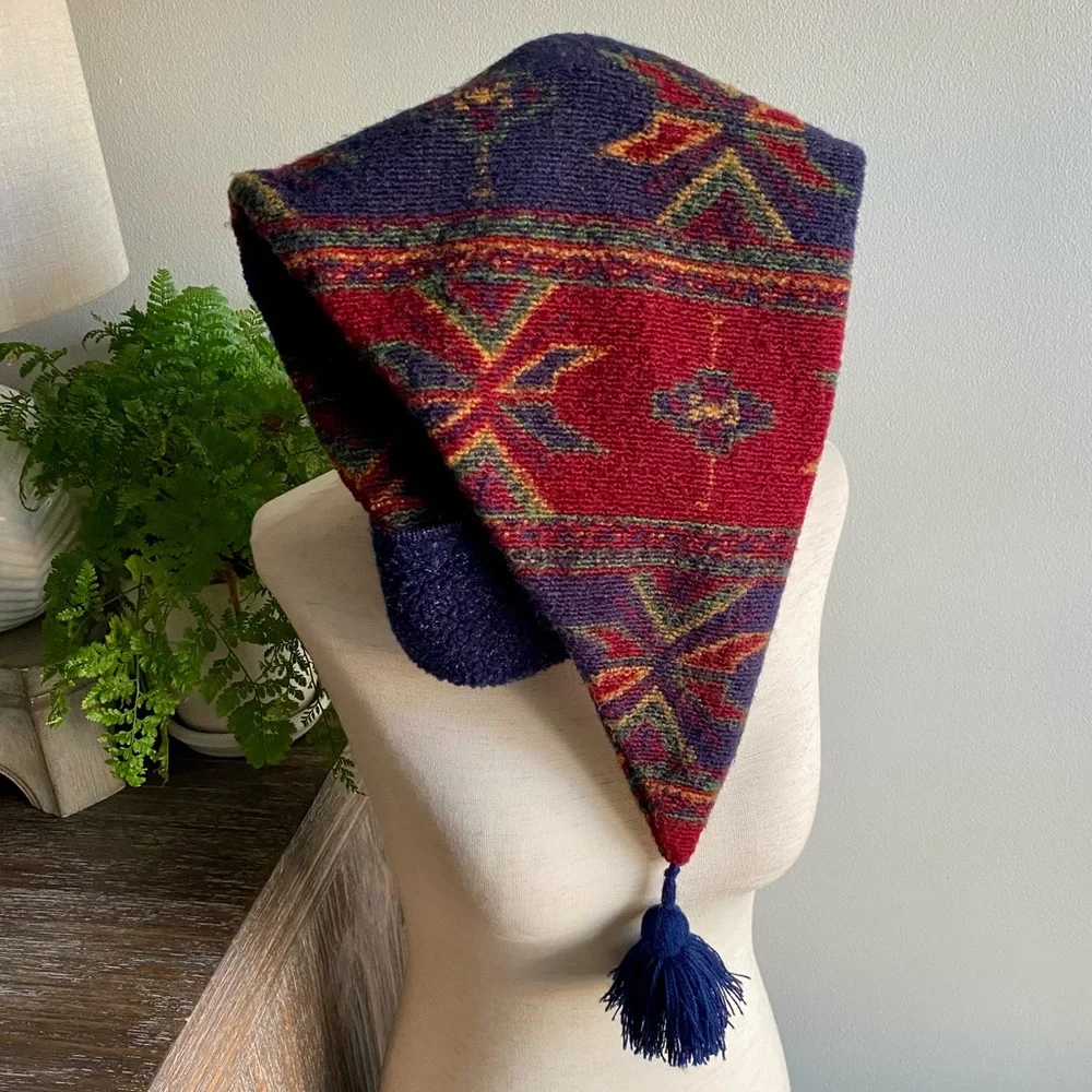 Rare Vtg L.L. Bean Wool Winter Tassle Long Elf Hat Red Blue Green